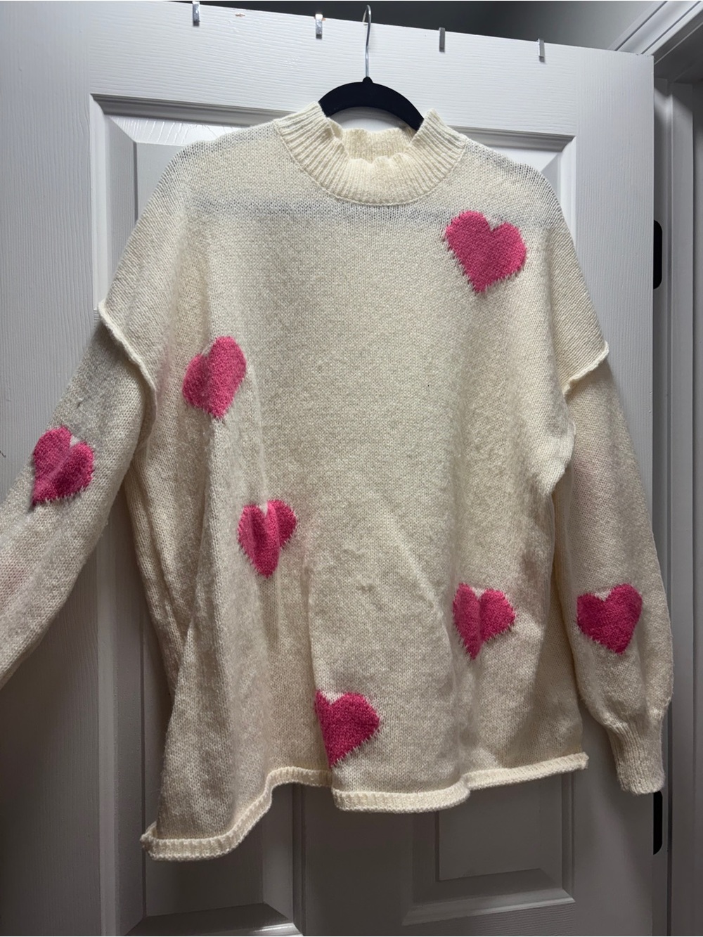 SHEIN Cream Crewneck Sweater with Pink Heart Motifs